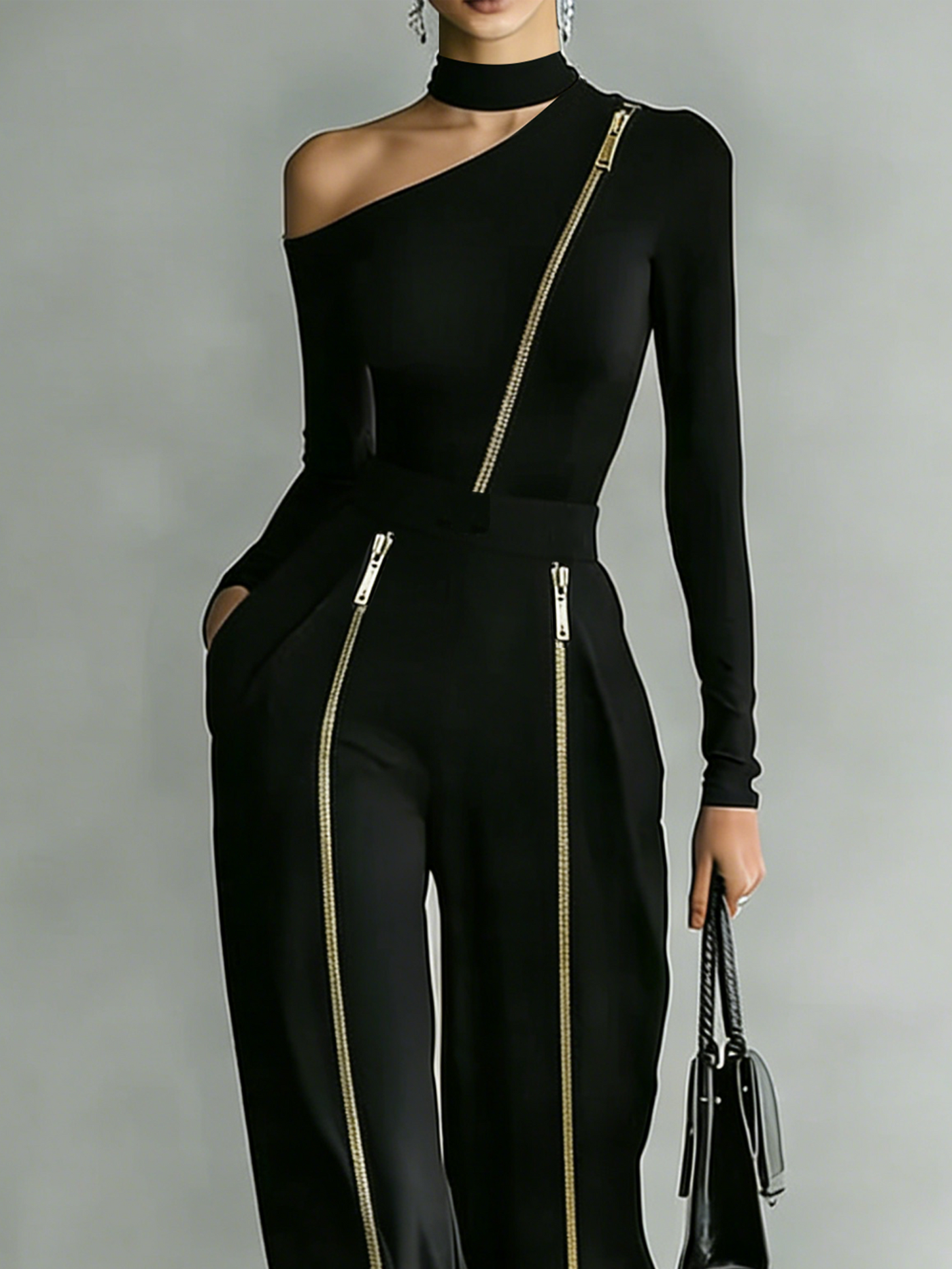 Urban minimalist irregular off-shoulder zipper set