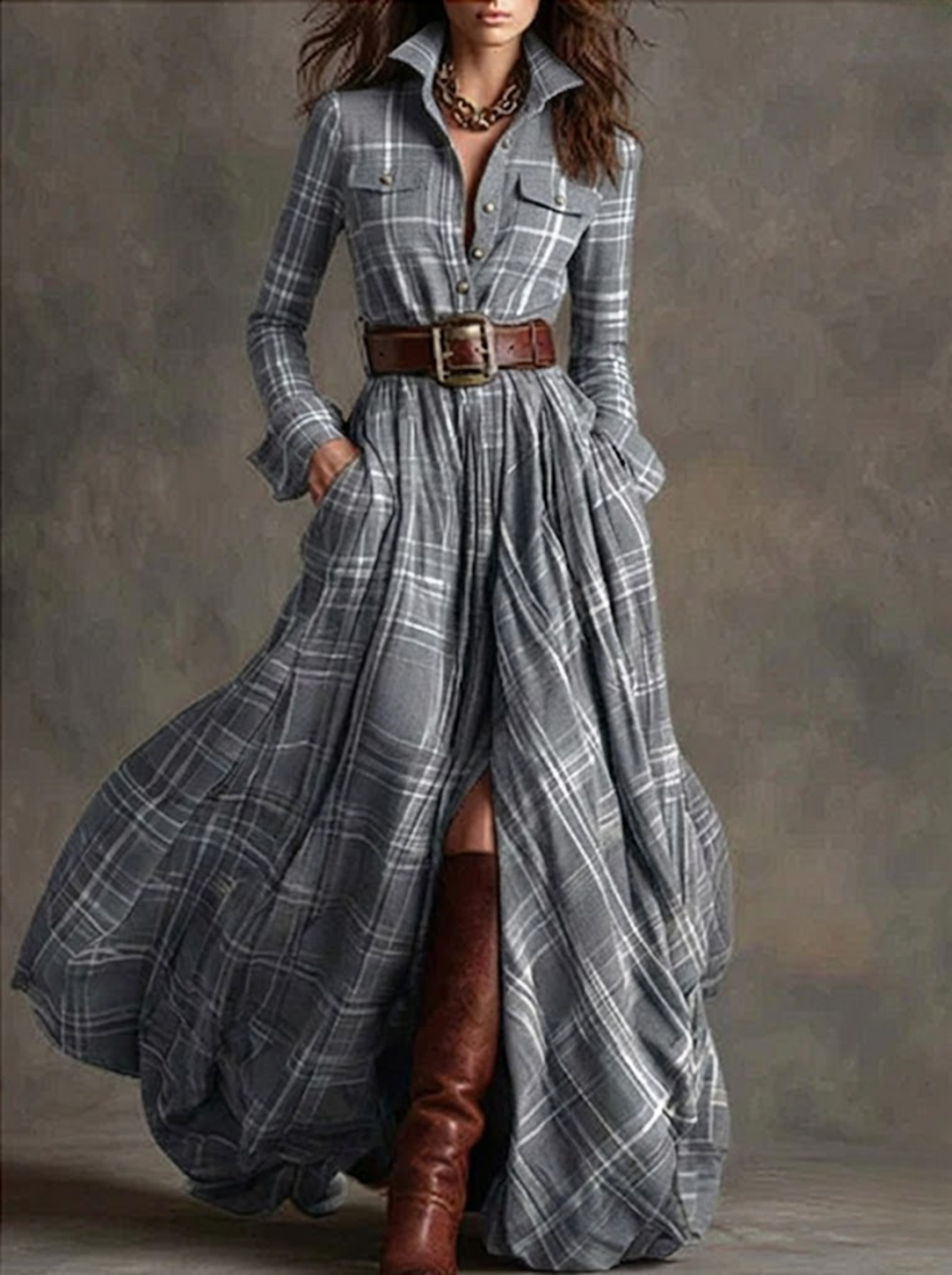 Beatriz - Vestido largo de cuadros con cinturón