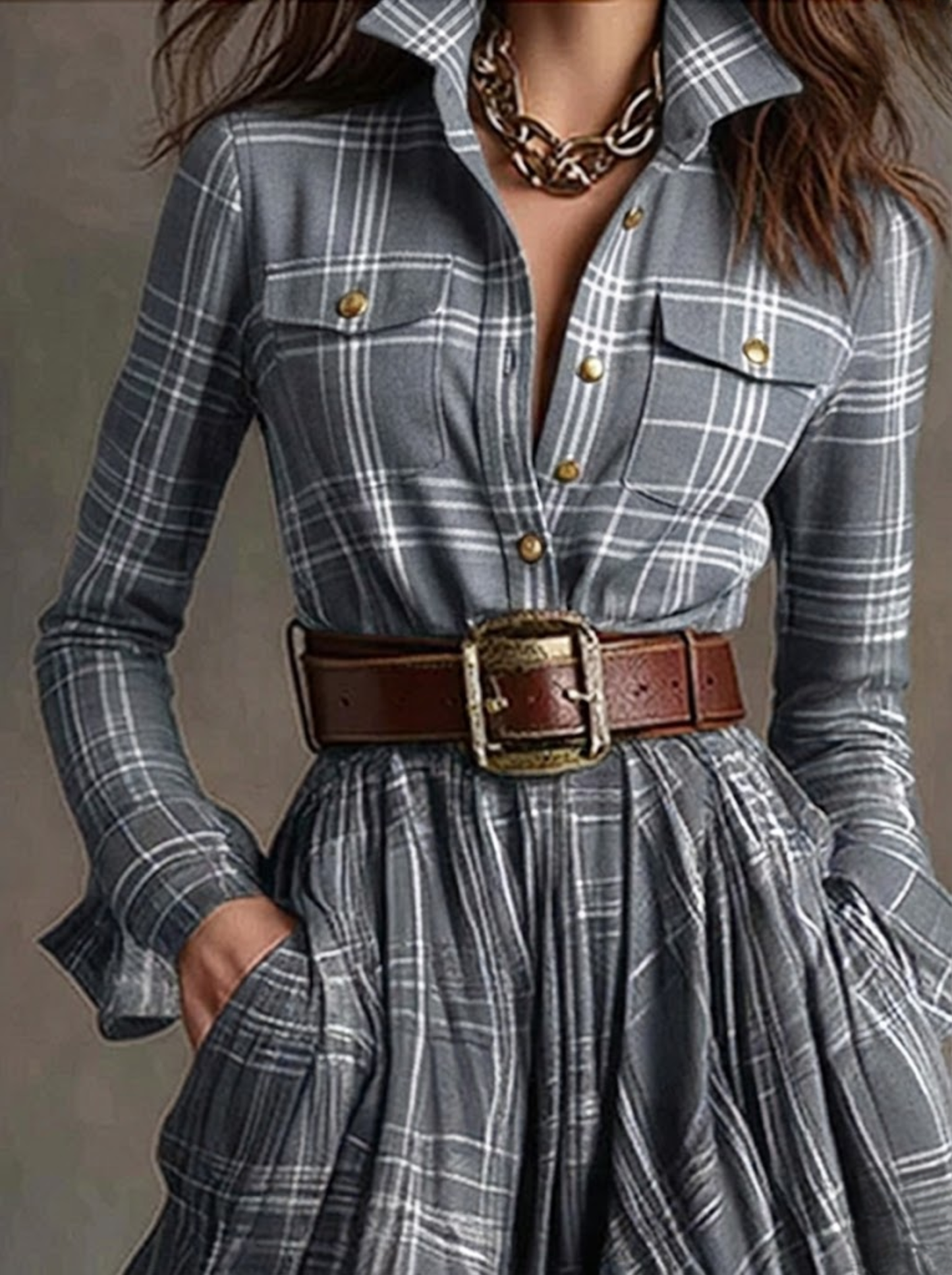 Beatriz - Vestido largo de cuadros con cinturón