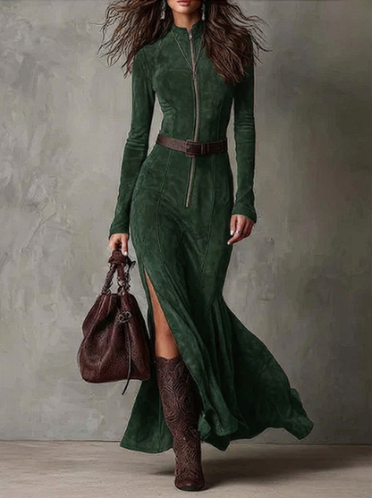 Marsella - Vestido largo marrón con cinturón