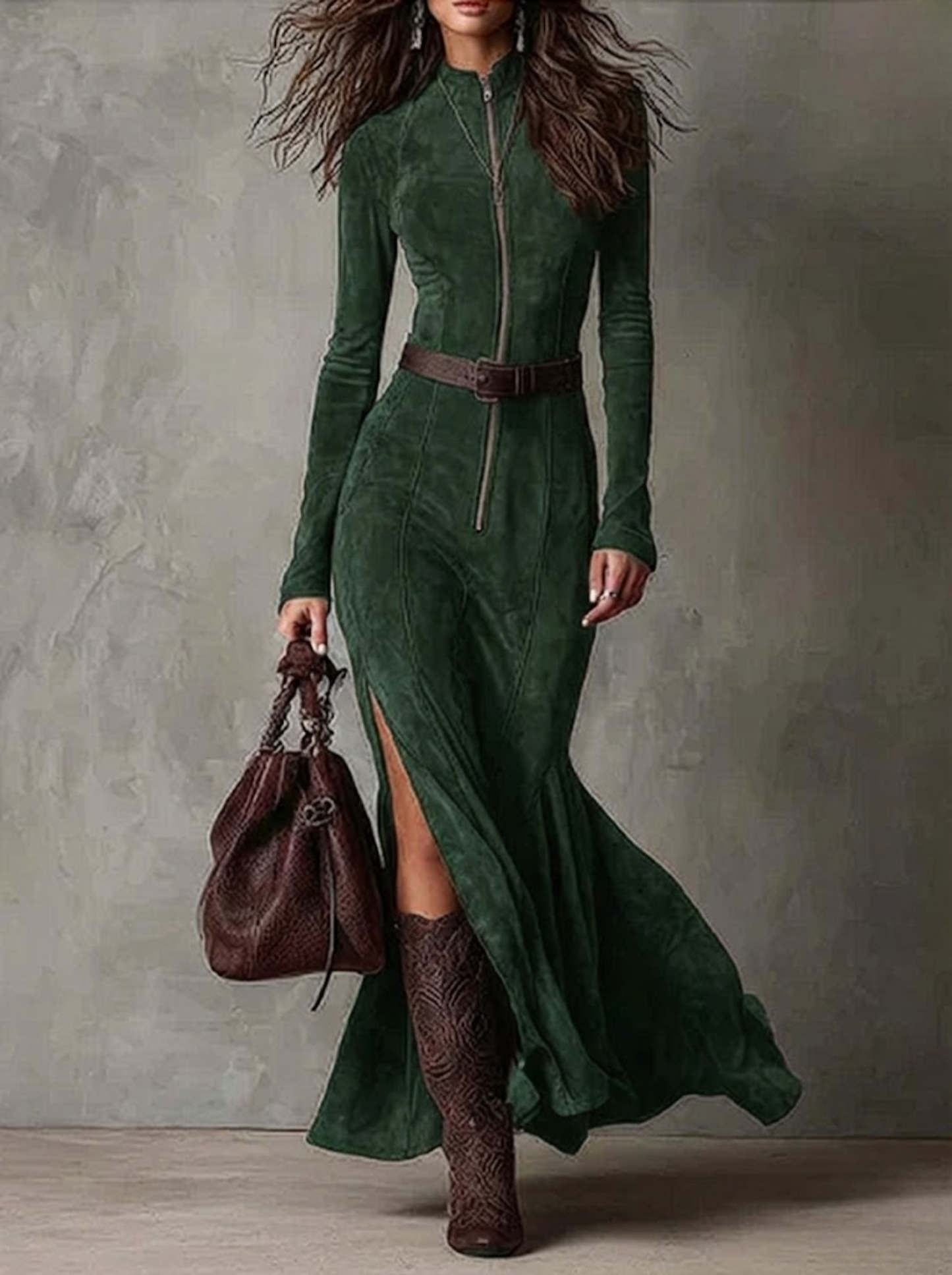 Marsella - Vestido largo marrón con cinturón