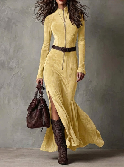 Marsella - Vestido largo marrón con cinturón