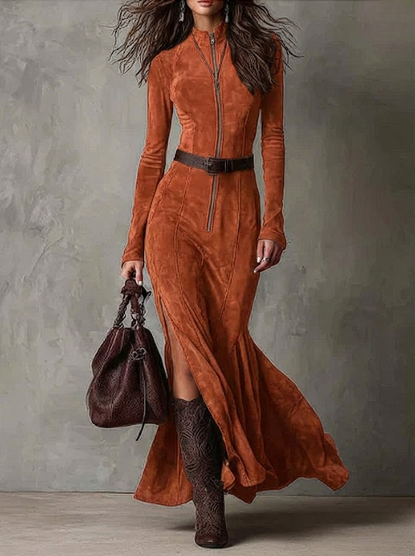 Marsella - Vestido largo marrón con cinturón