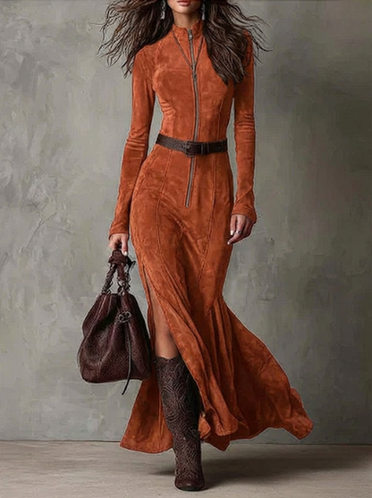 Marsella - Vestido largo marrón con cinturón