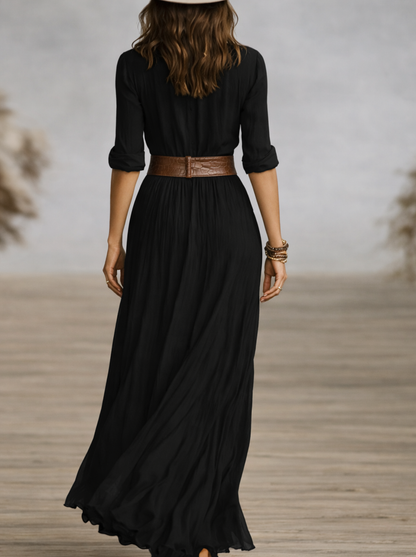 Aurora - Vestido Largo de Lino con Cuello Invertido