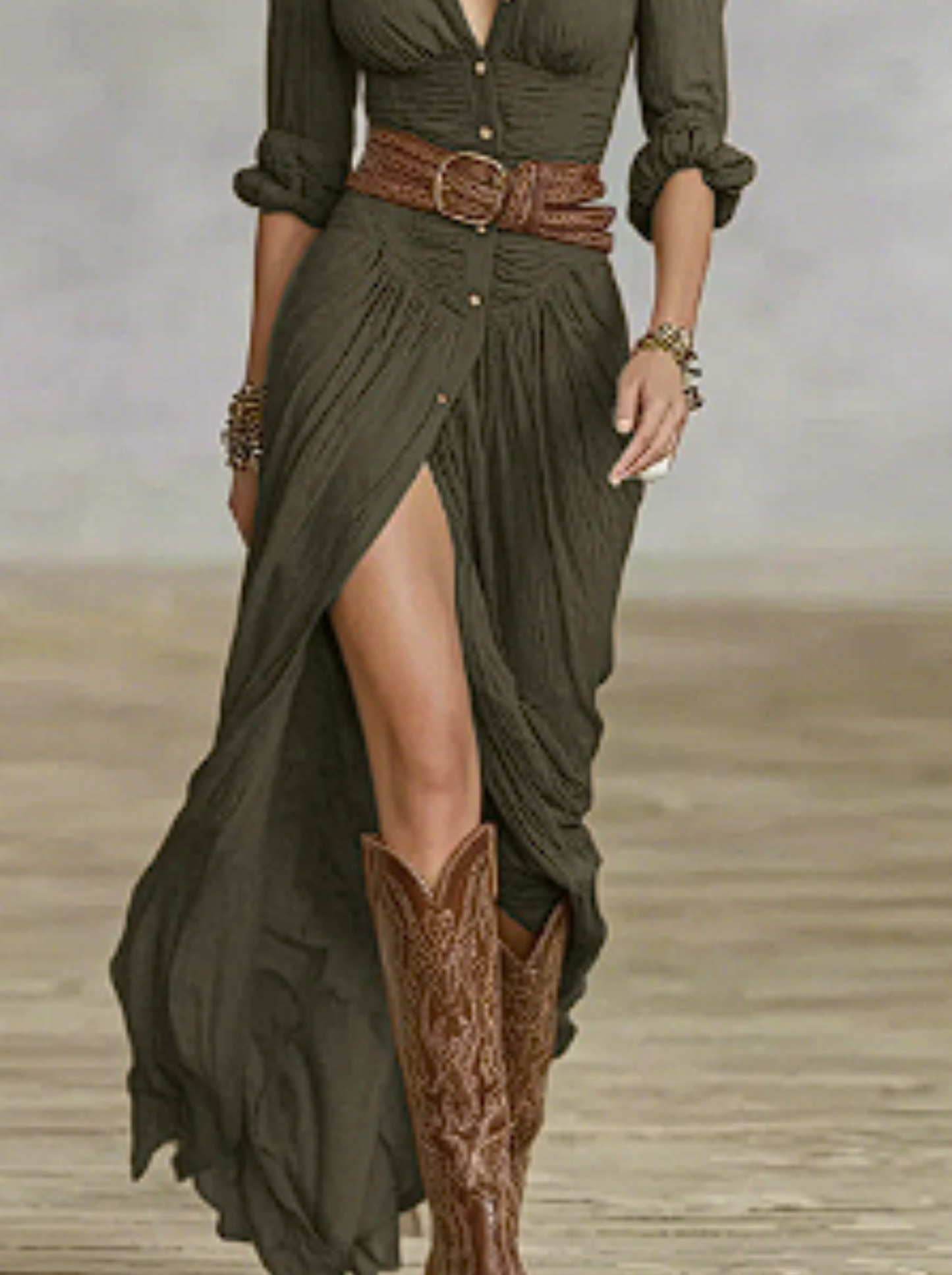 Aurora - Vestido Largo de Lino con Cuello Invertido