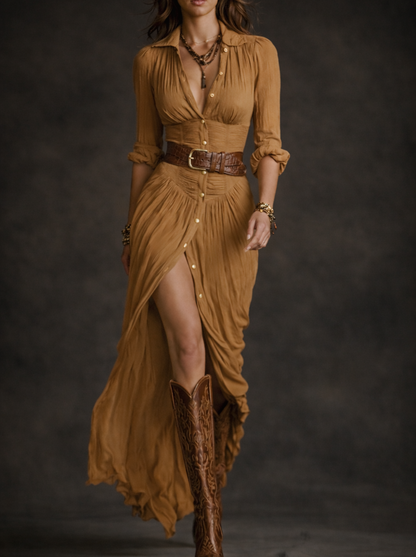 Aurora - Vestido Largo de Lino con Cuello Invertido