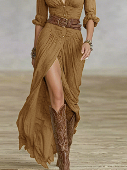 Aurora - Vestido Largo de Lino con Cuello Invertido