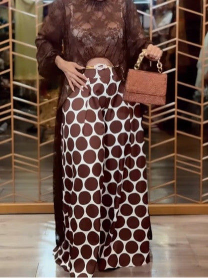 Brown lace robe top and polka dot trousers set