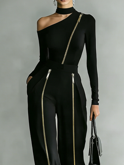 Urban minimalist irregular off-shoulder zipper set