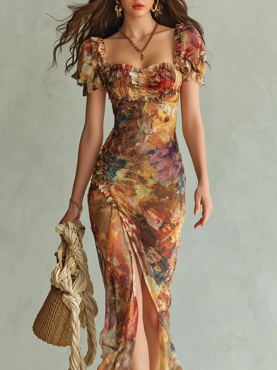 Abito lungo in chiffon arancione con stampa di dipinto a olio in stile bohémien