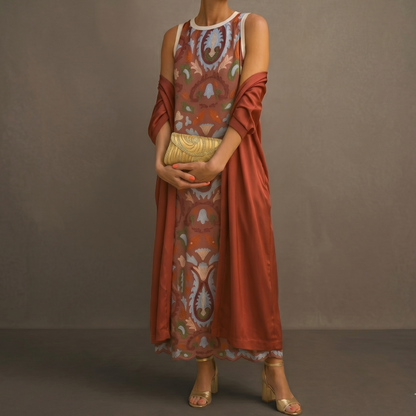 Daniela | Vestido largo estampado con chaleco a juego