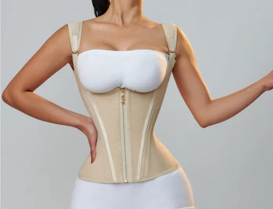 FAJA CHALECO RELOJ DE ARENA POSTQUIRURGICA BEIGE DOBLE COMPRESION EFECTO CINTURA DE AVISPA