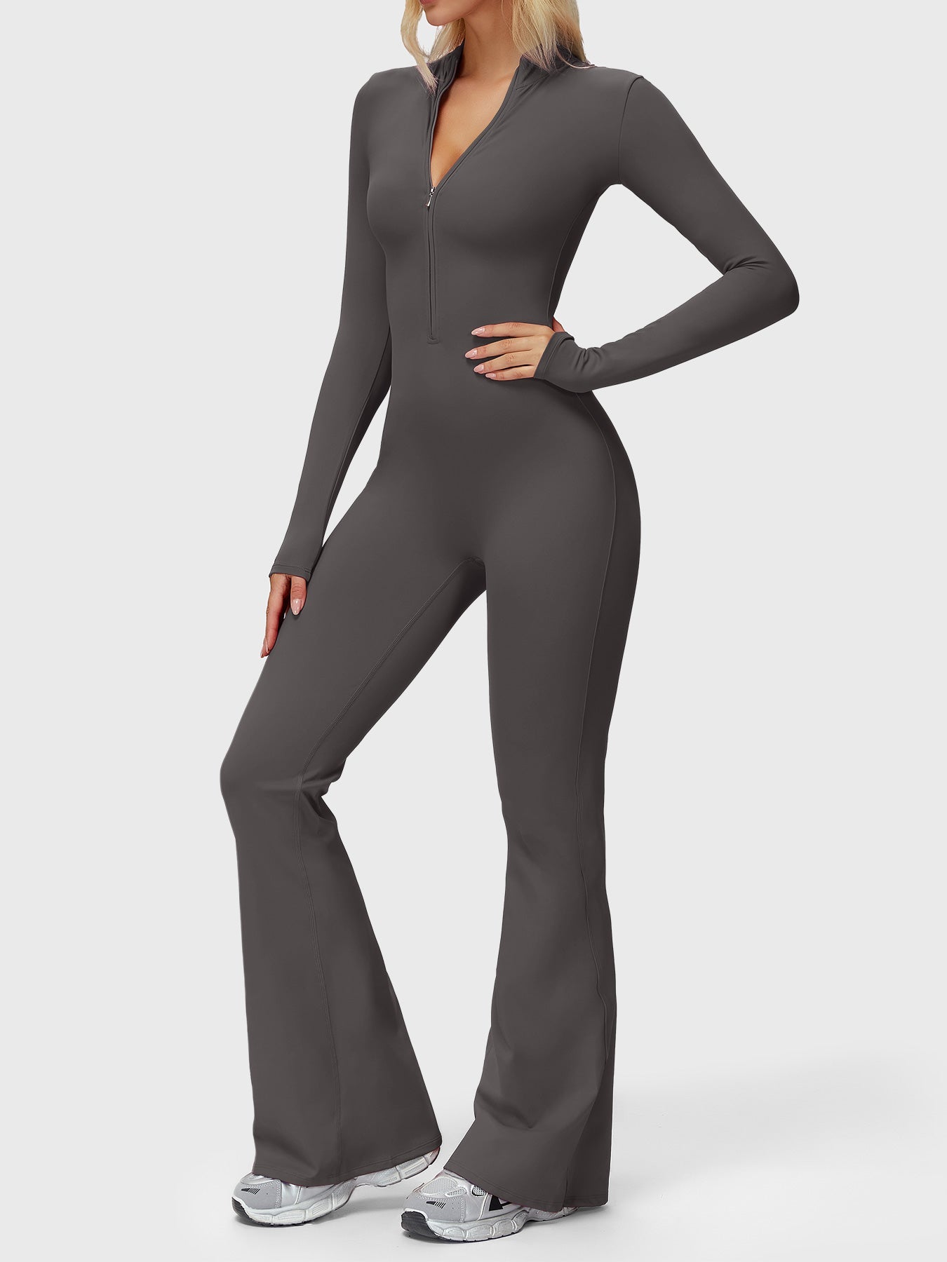Yeoreo Belle Langarm Flared Jumpsuit mit Reißverschluss