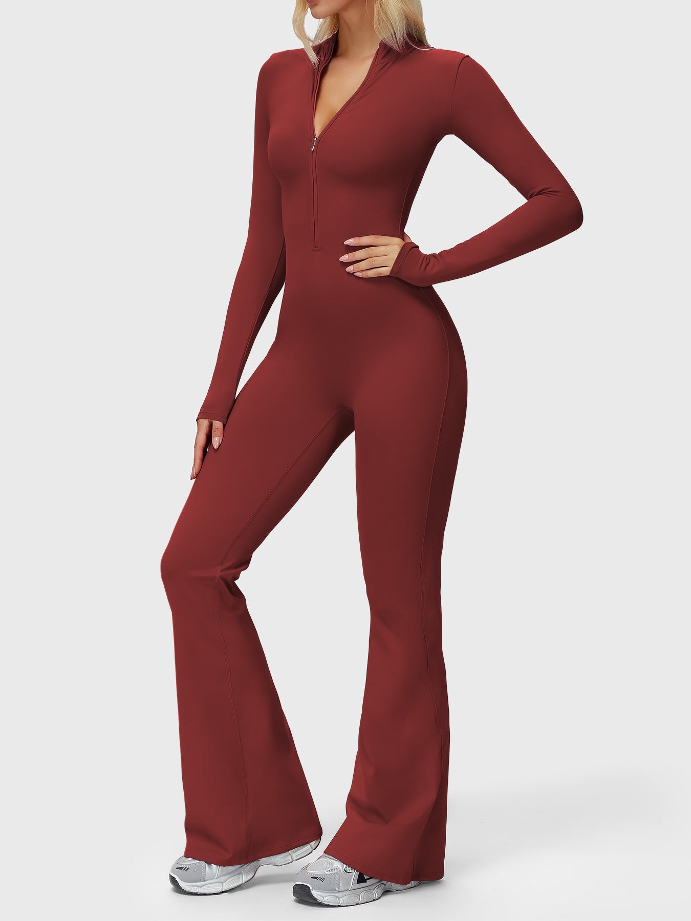 Yeoreo Belle Langarm Flared Jumpsuit mit Reißverschluss