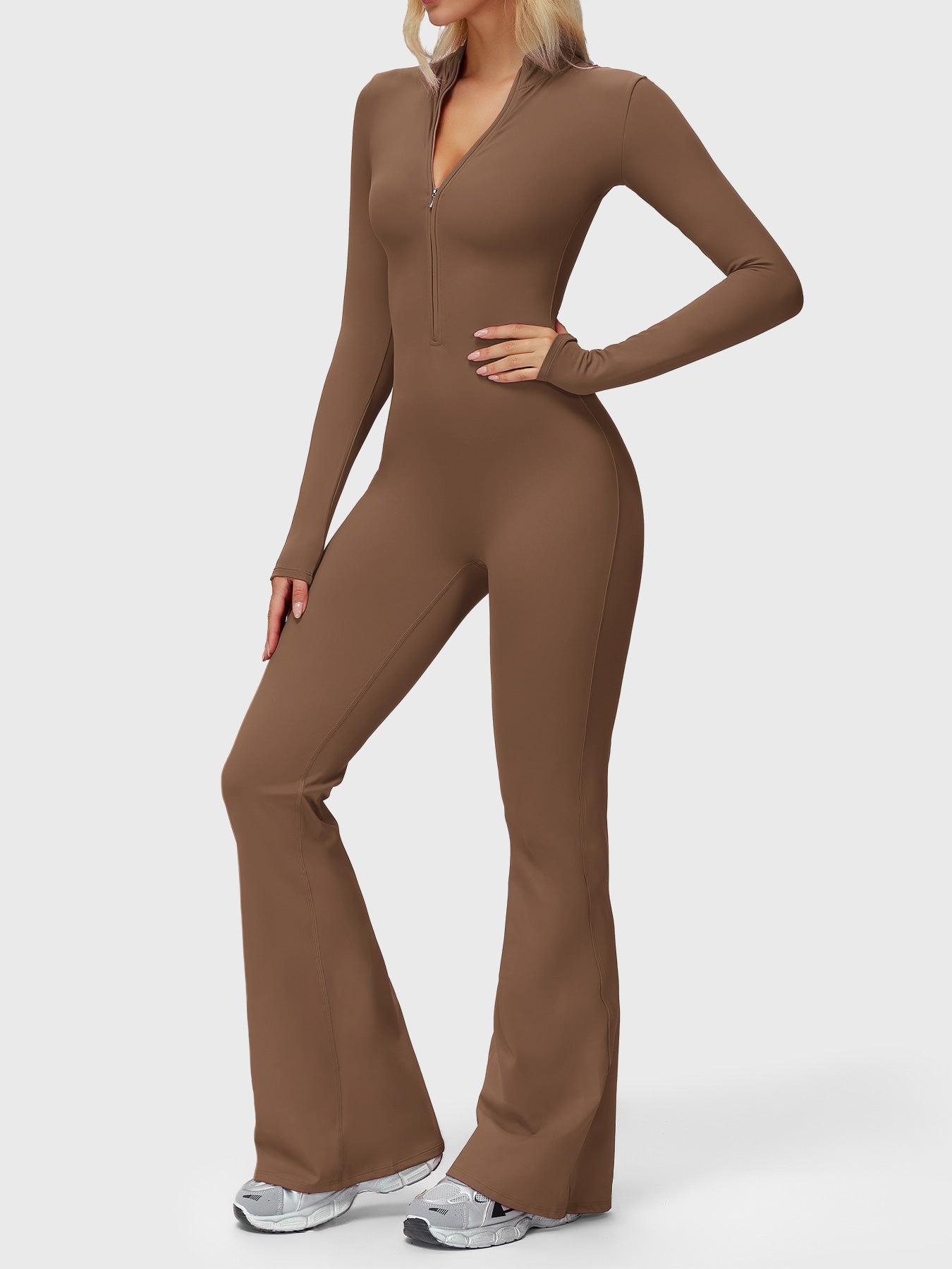 Yeoreo Belle Langarm Flared Jumpsuit mit Reißverschluss